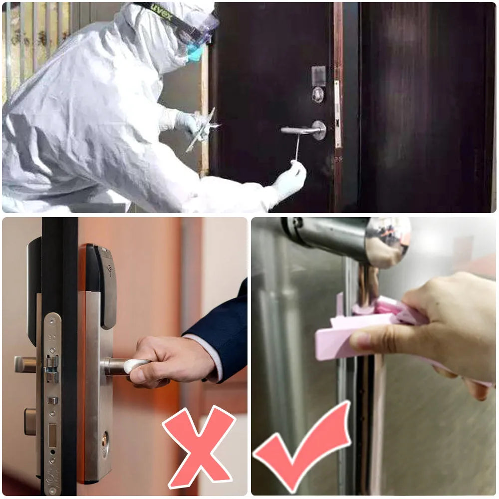 Plastic door opening tool for avoiding contact with public surfaces, 11.5cm long, blue and pink colours