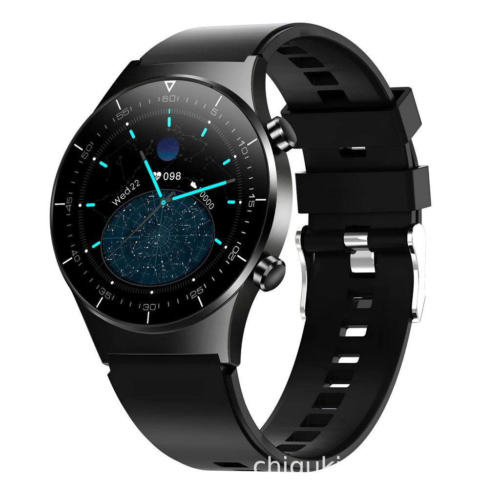 Black sports smartwatch with 1.28-inch glass touchscreen display on TPU wrist strap