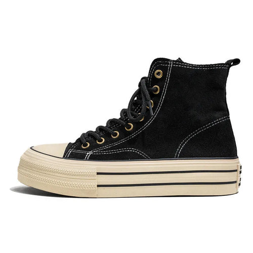 Unisex solid-colour canvas platform shoes with vulcanised rubber sole in black, dark brown, and khaki, sizes 35-44
