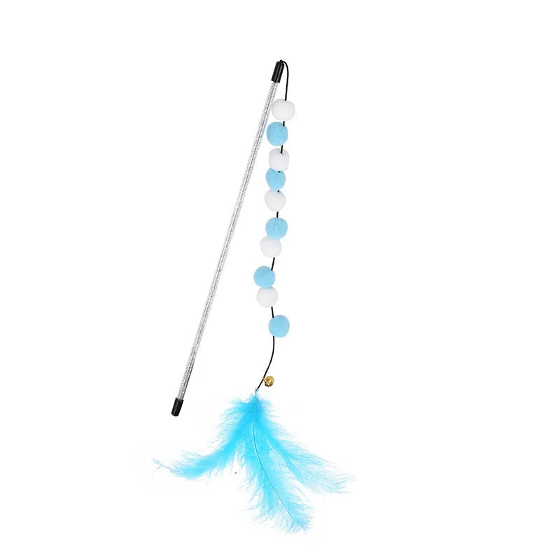 31cm long cat teaser rod with colourful pompons and feather toys for interactive play