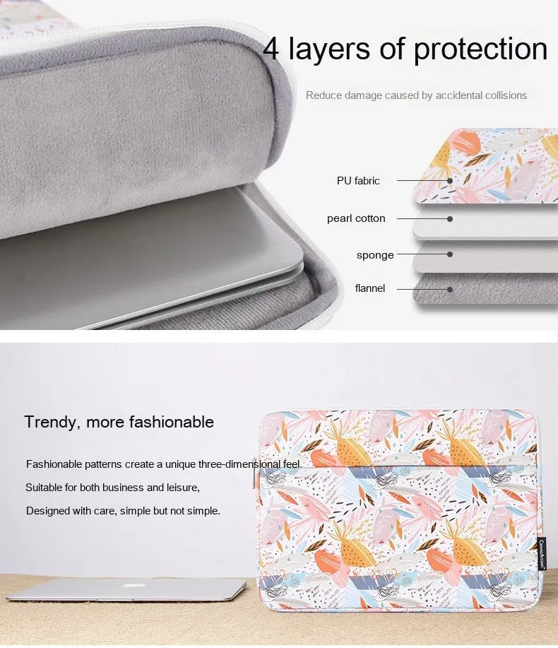 White PU leather waterproof inner sleeve for a 14 inch laptop on a table.