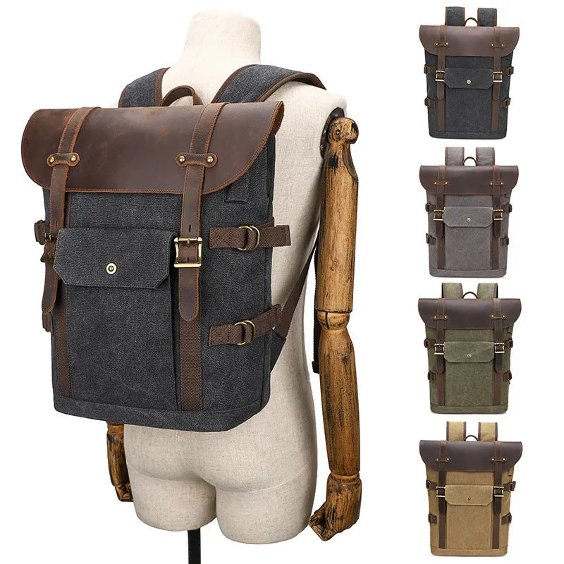 Solid colour canvas computer backpack with USB charging port and curved shoulder straps