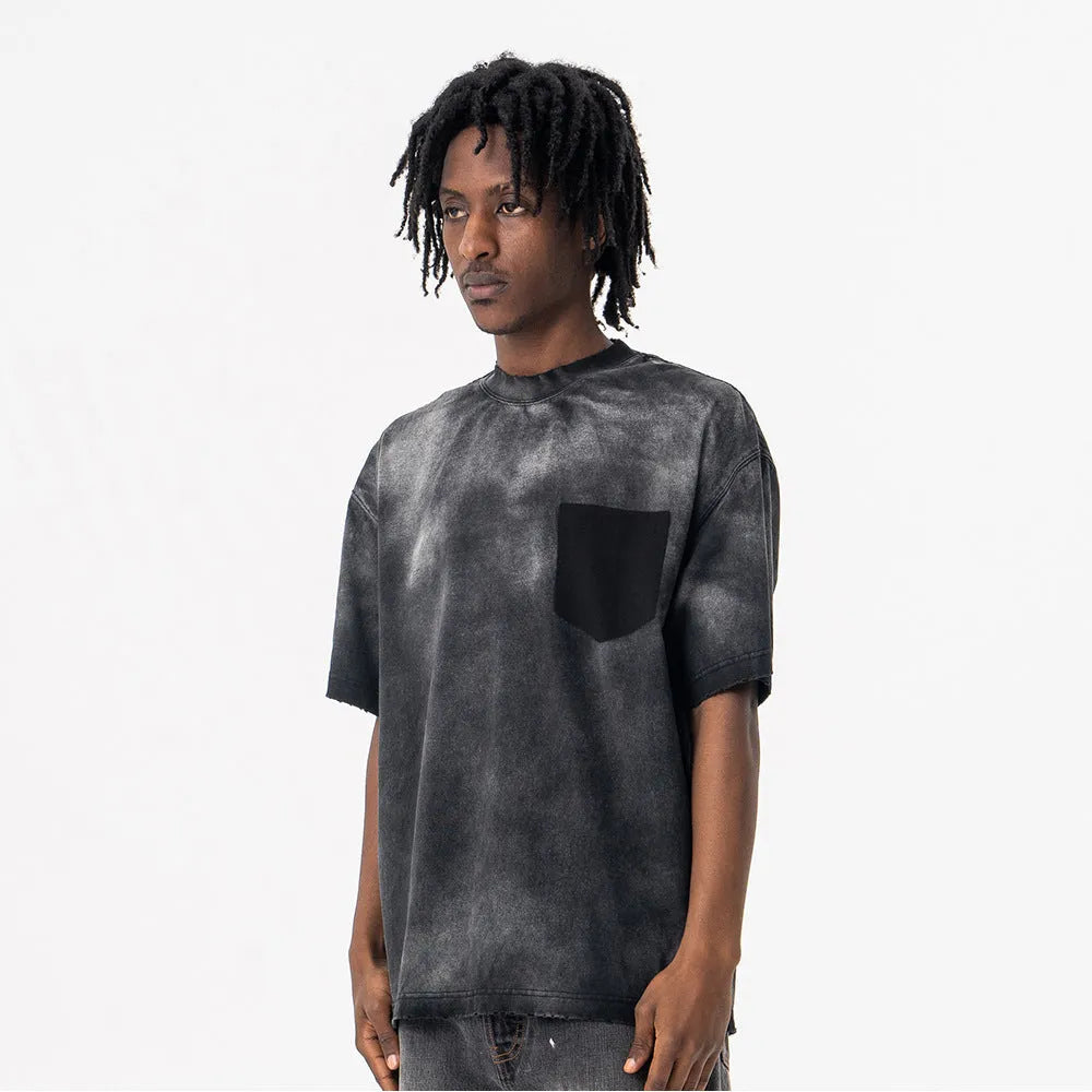 Men's black loose fit cotton t-shirt with printed letter pattern and drop-shoulder short sleeves