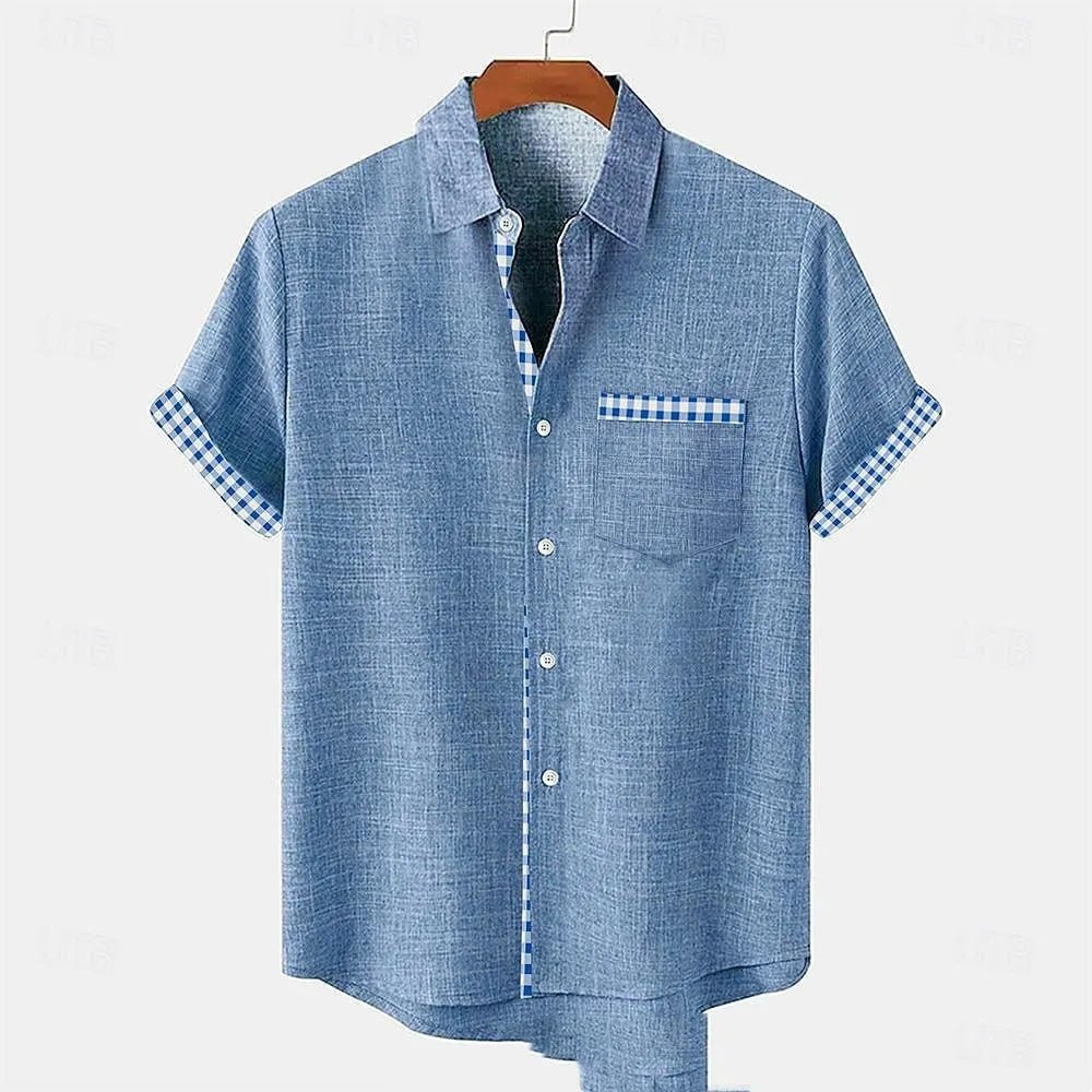 Linen short-sleeve top for teenagers with a loose fit and an ocean fish pattern on the lapel.