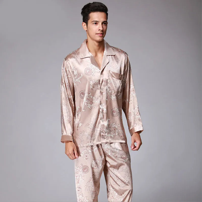 Men's long sleeve pants pajama set in simulation silk with lapel V-neck collar, colour Black, size L