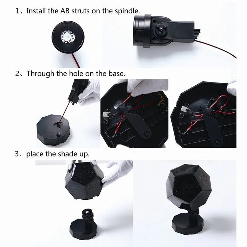 LED starry sky projector night lamp showing constellation projections on a bedroom ceiling with remote control