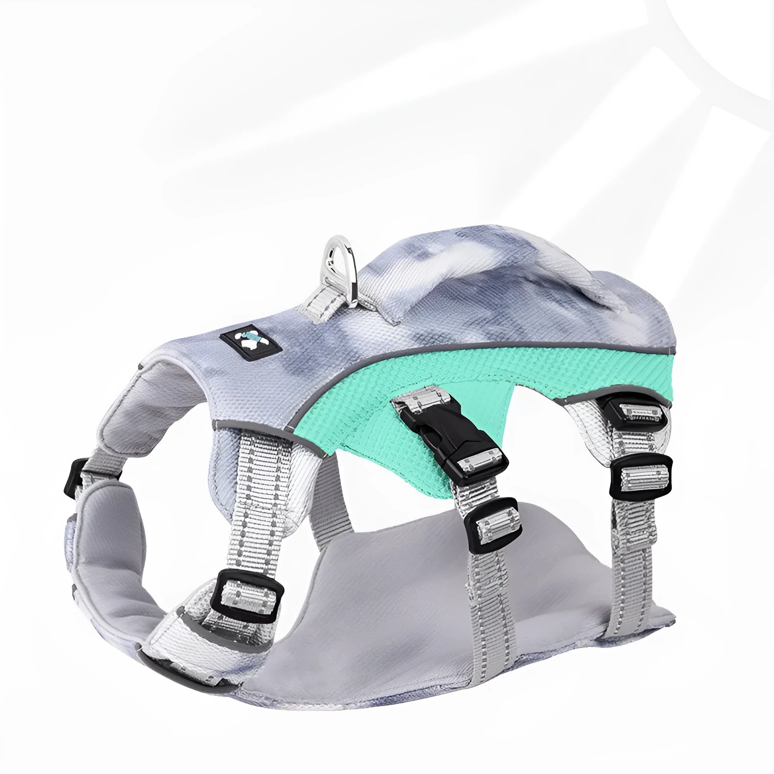 Light blue reflective polyester mesh dog cooling chest strap harness on a background.