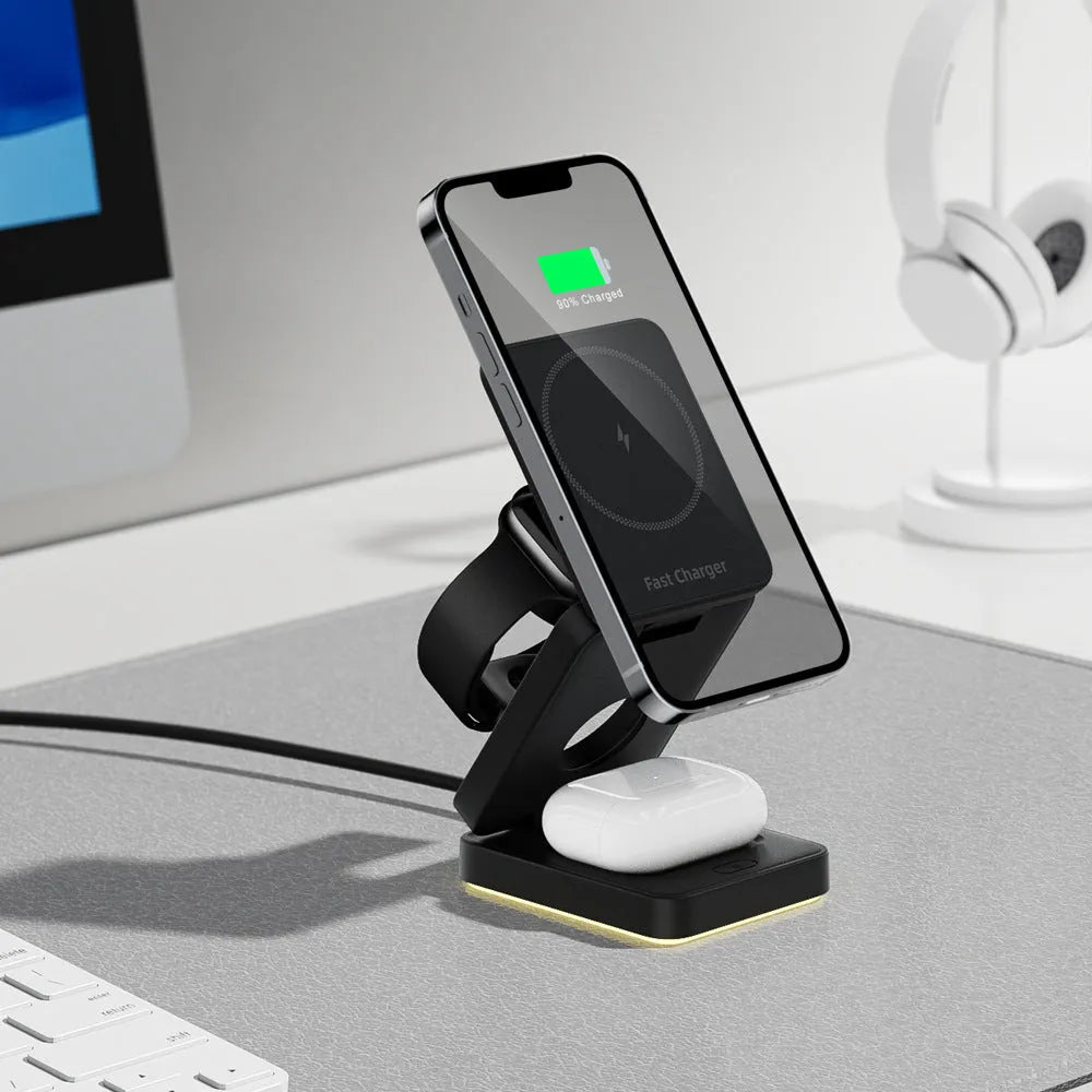 Three-in-one folding magnetic wireless charger in black with USB cable