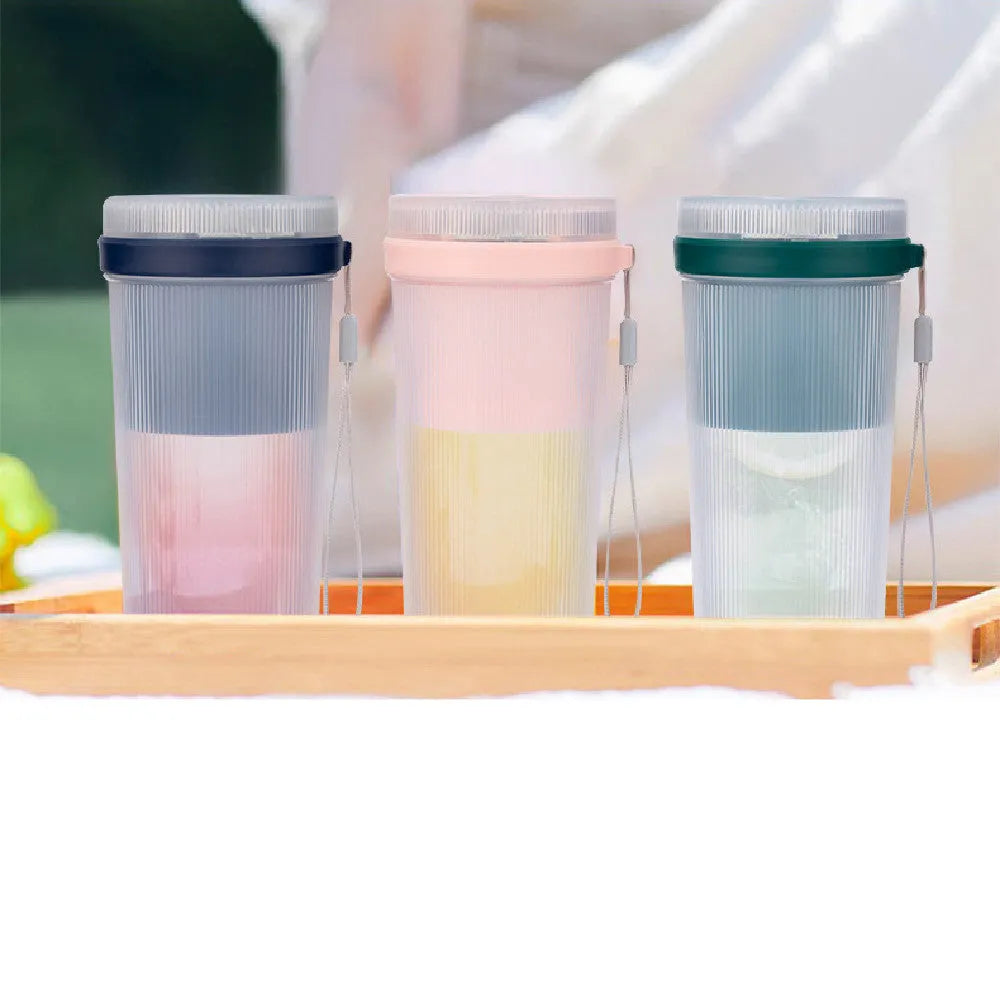 Blue portable blender cup with USB charging cable and stainless steel blending blades