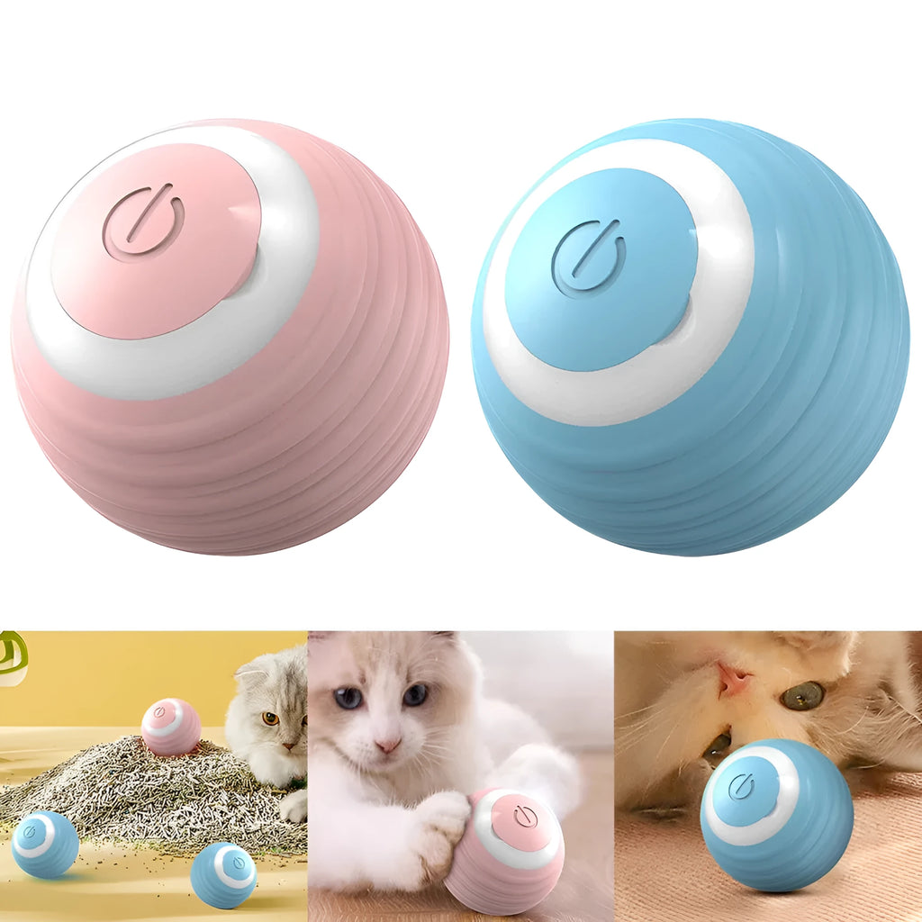 Blue rechargeable automatic bouncing ball smart toy for indoor cats on a floor.