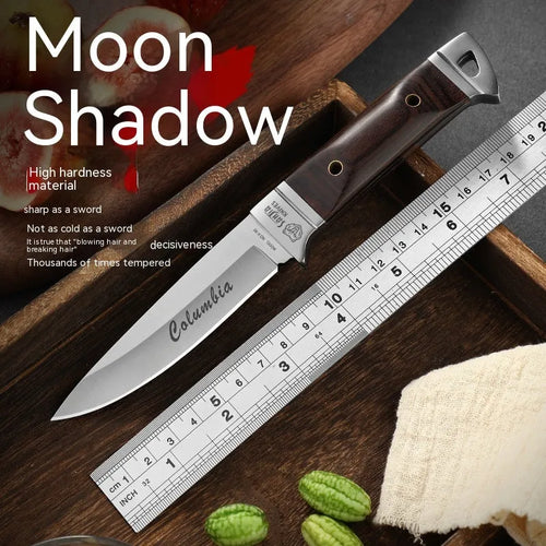 Stainless steel camping fruit knife with leather protective case showing national style design