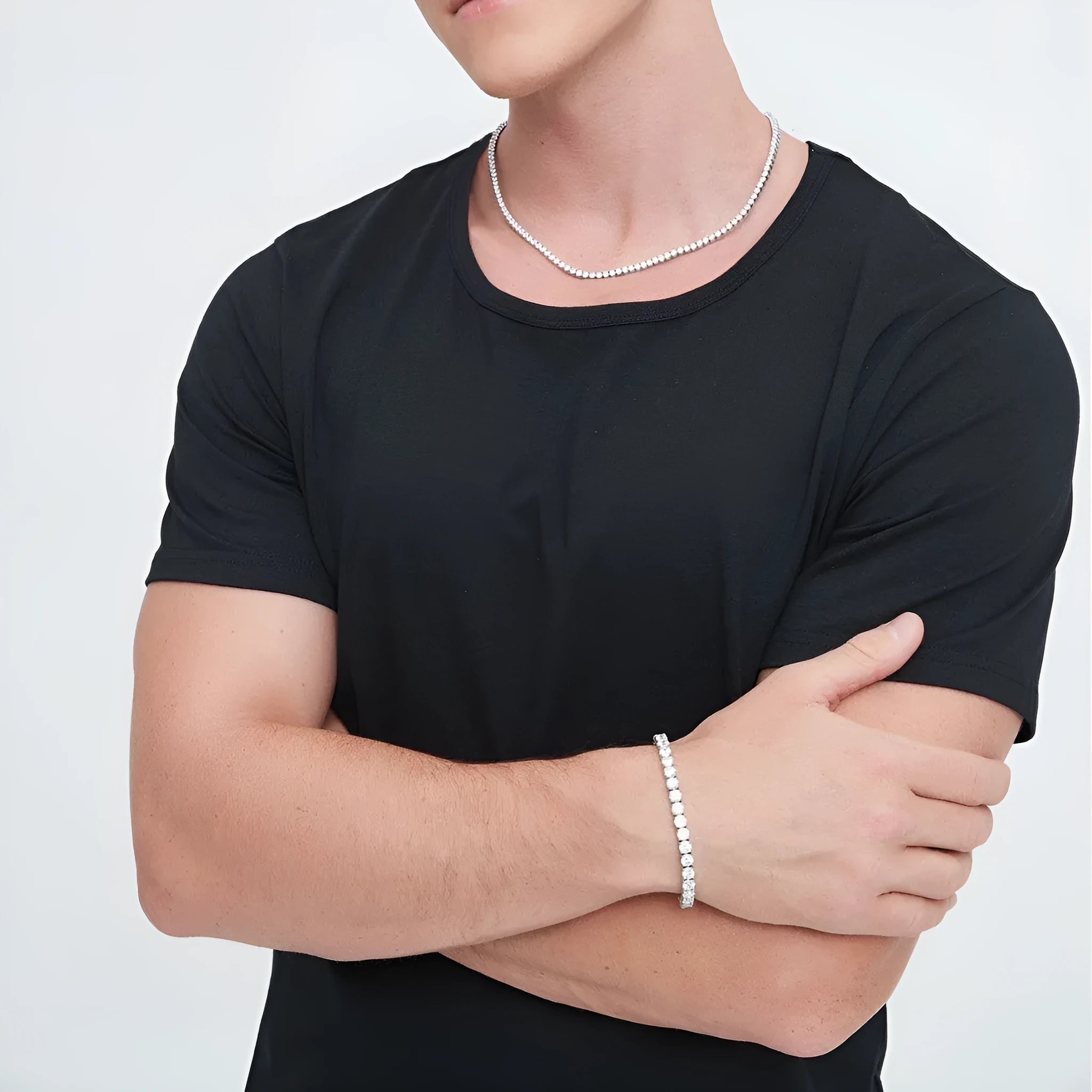 Stainless steel mesh ball chain necklace with inlaid zircon stones on a steel colour geometric chain