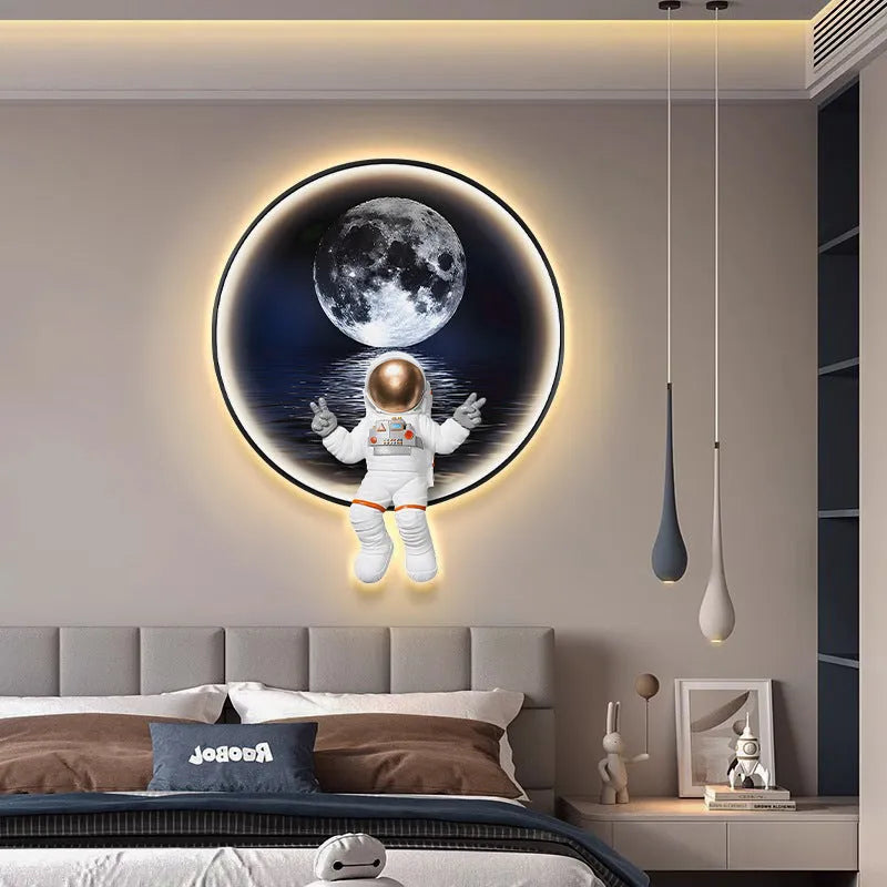 Spaceman-themed canvas wall painting for a child's bedroom, shown in three sizes with optional LED lighting.