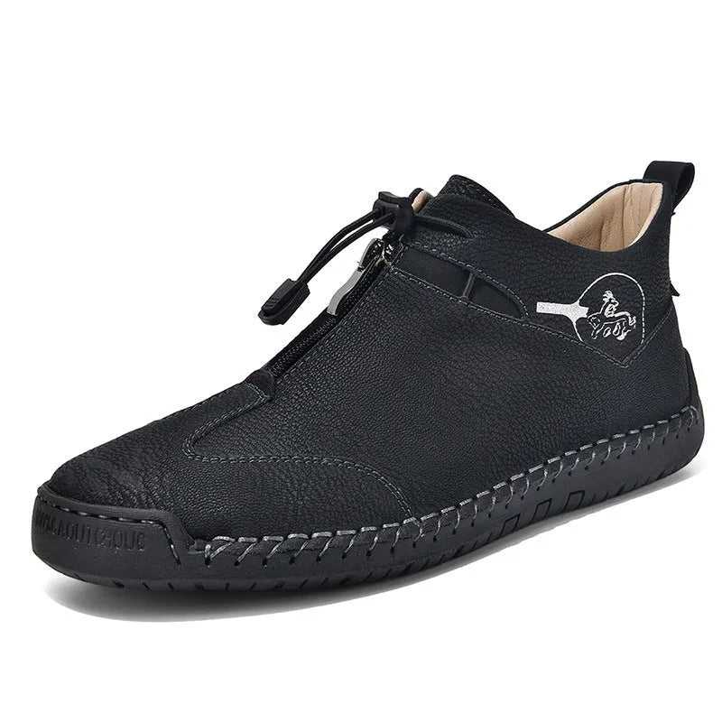Men's casual leather shoes in black with round toe and mid heel height