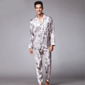 Men's long sleeve pants pajama set in simulation silk with lapel V-neck collar, colour Black, size L