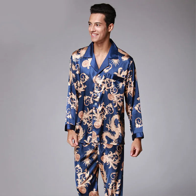 Men's long sleeve pants pajama set in simulation silk with lapel V-neck collar, colour Black, size L
