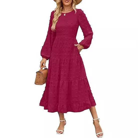 Women's beige long sleeve casual dress with high waist and ruffle sleeves on a model.