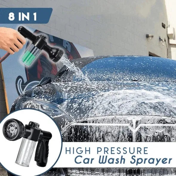 Green high-pressure foam spray gun for car washing with adjustable nozzle and attached water pipe.