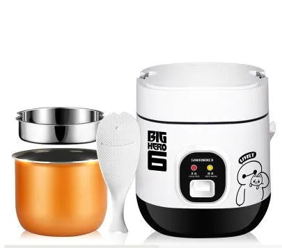 Small round blue and black miniature automatic rice cooker with steam pan on a kitchen counter.