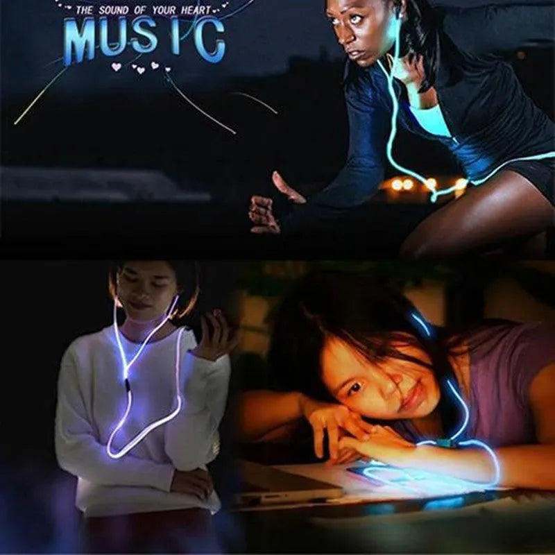 Blue, green, and pink LED earphones with glowing cables next to a smartphone, showcasing their music-reactive light feature.