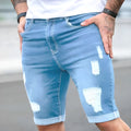 Men's sky blue straight-leg denim shorts with low waist and zipper fly.