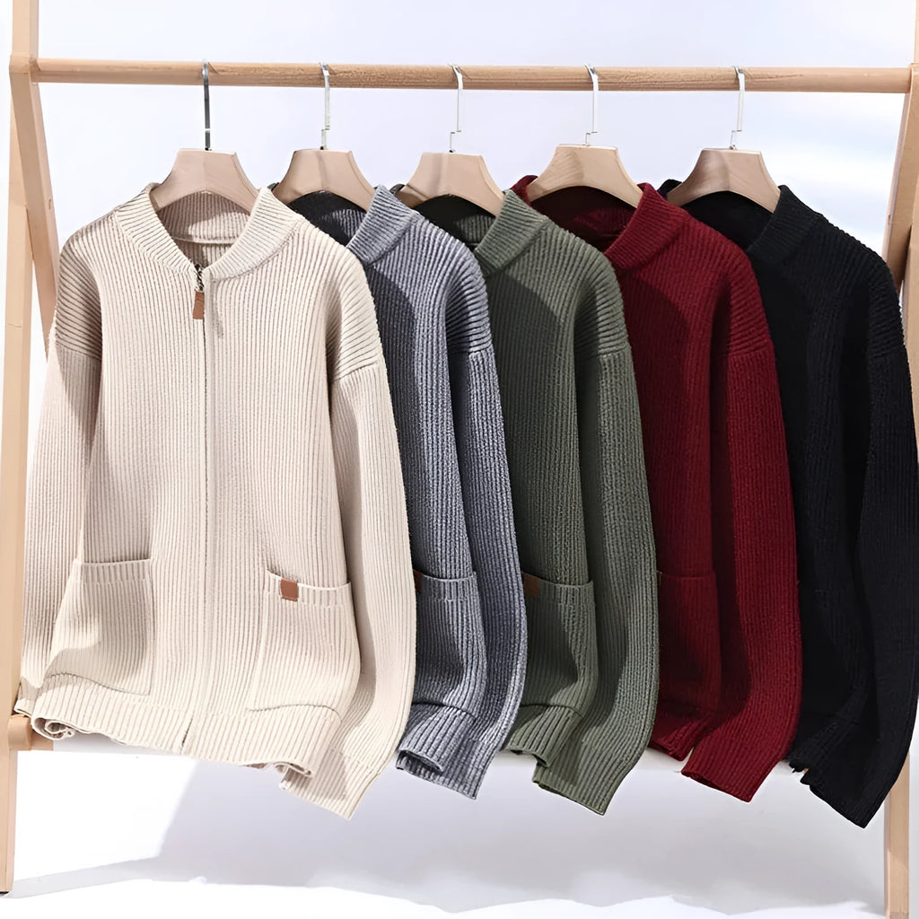 Men's straight-fit striped sweater cardigan in a choice of five colours on a size chart.
