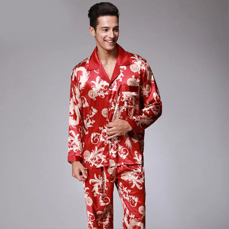Men's long sleeve pants pajama set in simulation silk with lapel V-neck collar, colour Black, size L