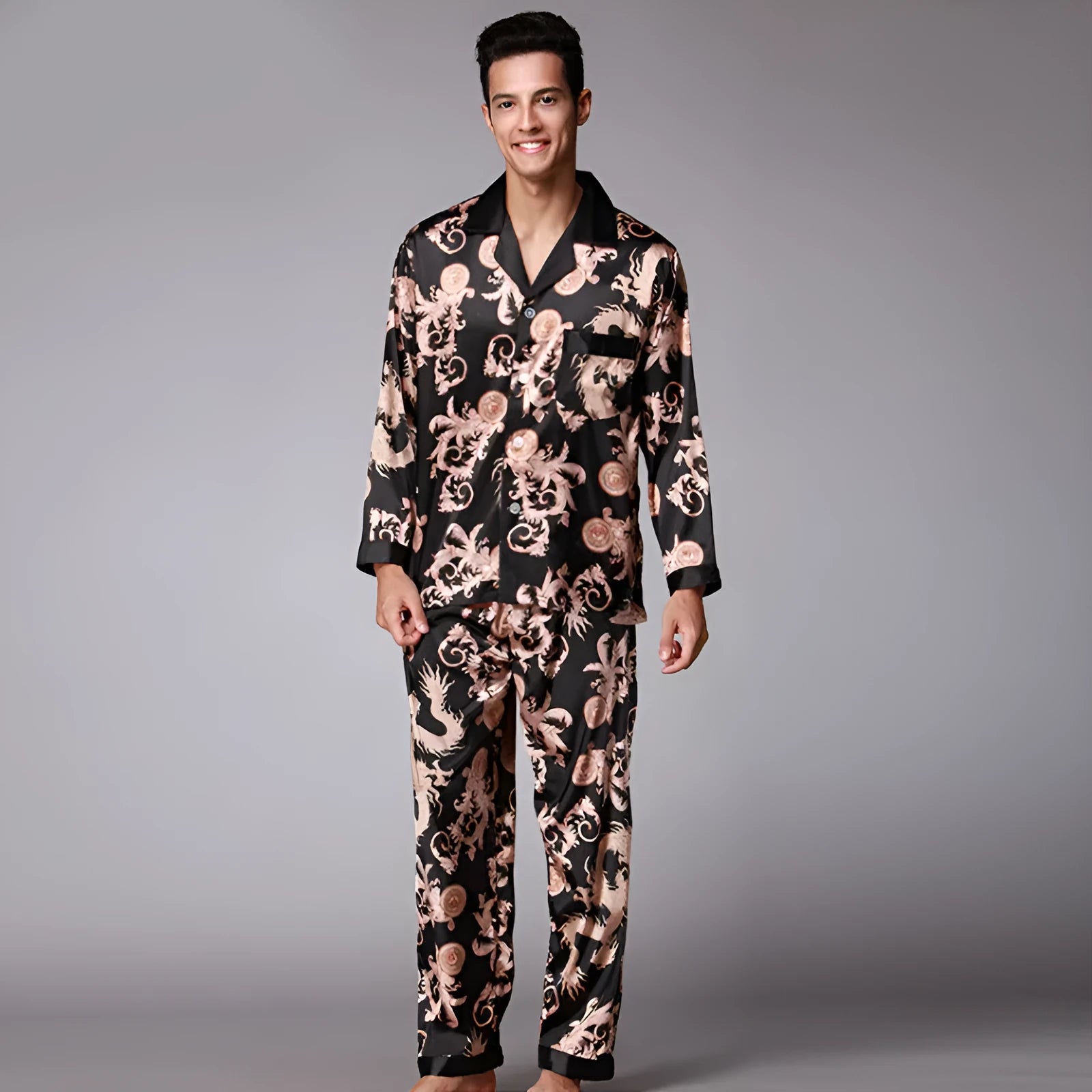 Men's long sleeve pants pajama set in simulation silk with lapel V-neck collar, colour Black, size L
