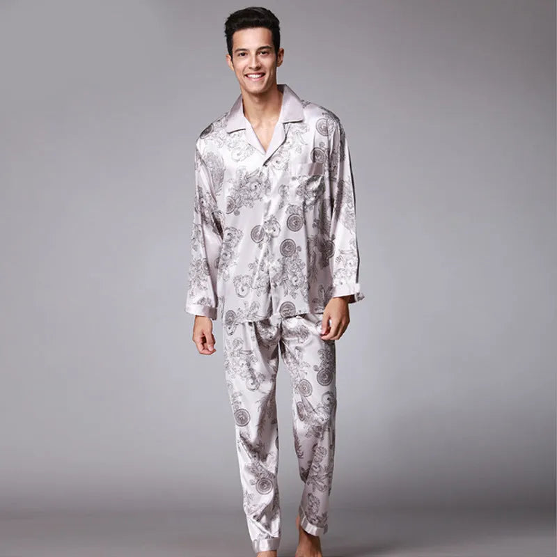Men's long sleeve pants pajama set in simulation silk with lapel V-neck collar, colour Black, size L