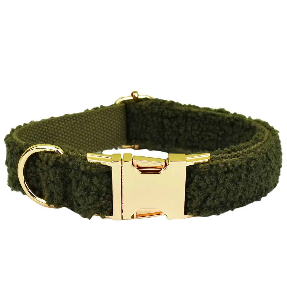 Army green velvet-look polyester dog collar, lead, bow and vest four-piece pet set in sizes XS to XL