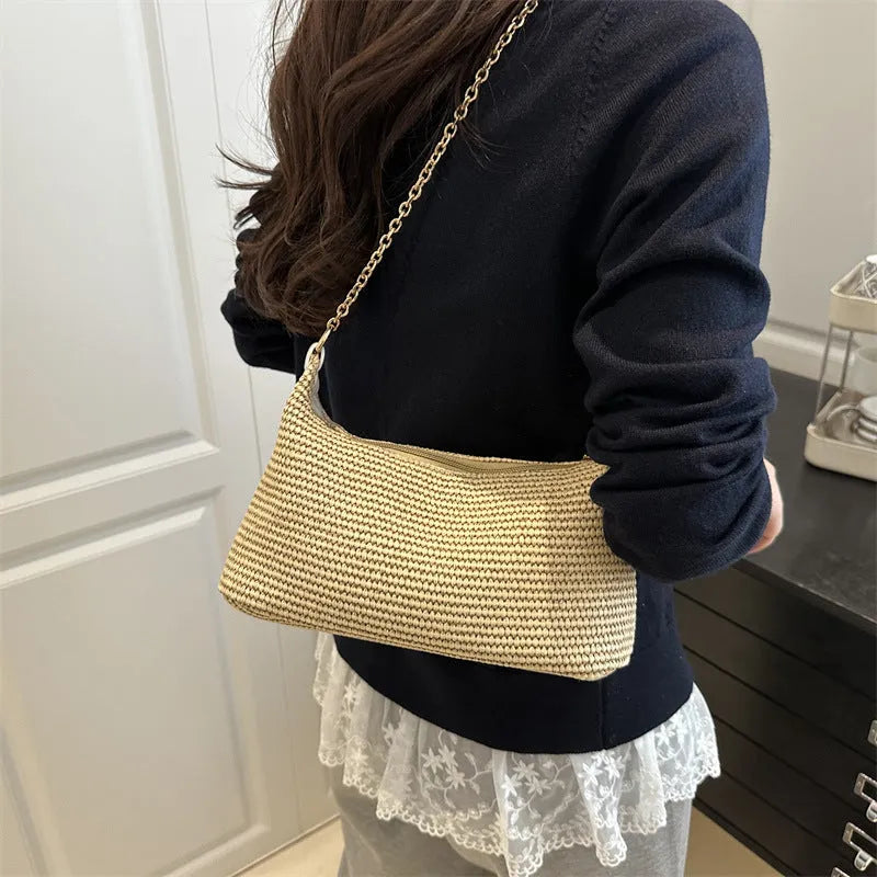 Straw woven shoulder tote bag with mobile phone compartment and sandwich pocket in khaki colour