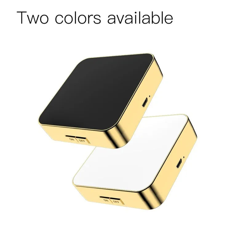 Black and white makeup mirror with magnification, HD mirror, and adjustable warm and cool LED lights.