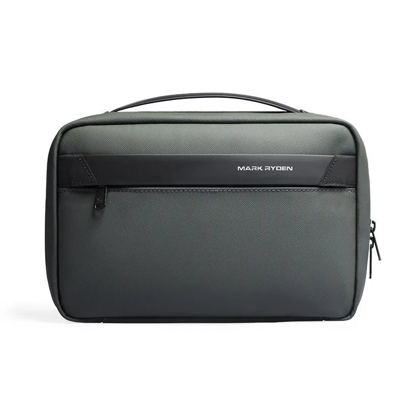 Black Oxford cloth toiletries bag with multiple compartments open, showing wet-dry separation design.