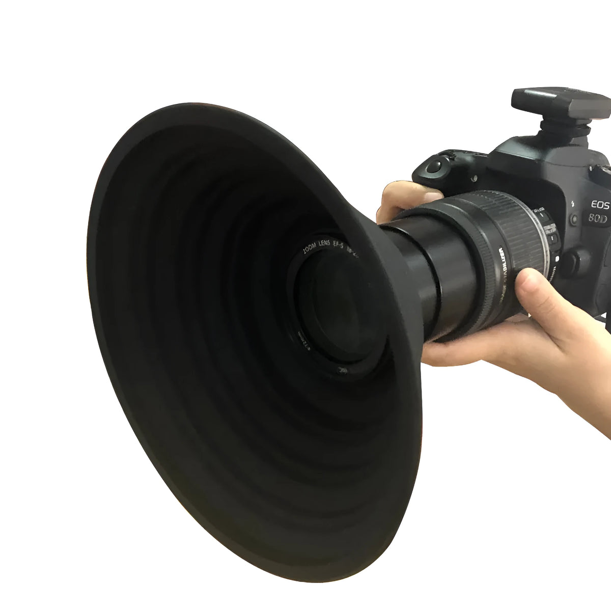 Black round anti reflective silicone lens cover for SLR cameras, 21cm diameter, 6.2cm lens opening, sizes L and S