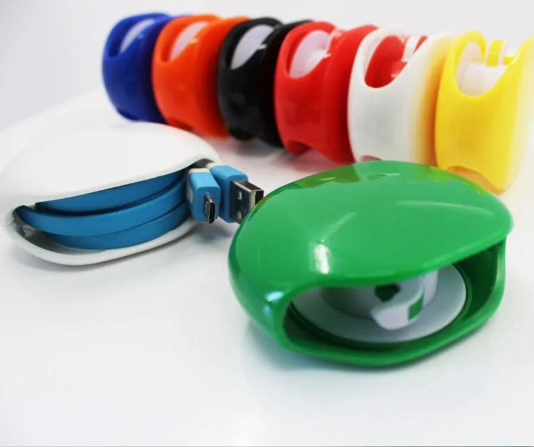 Automatic cable winder retractor in PC ABS plastic showing compact size and colour options.