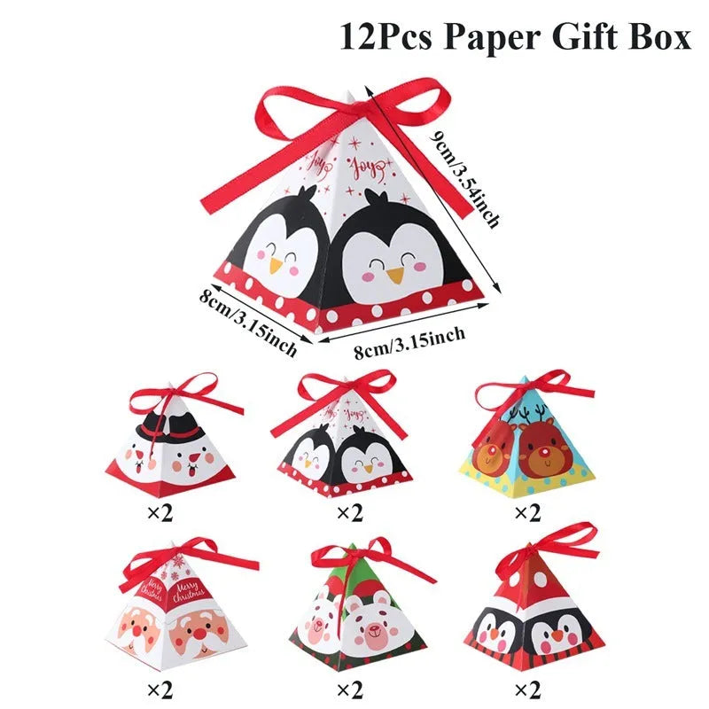Christmas triangle candy box in paper with festive Santa and snowman print and ribbon ties
