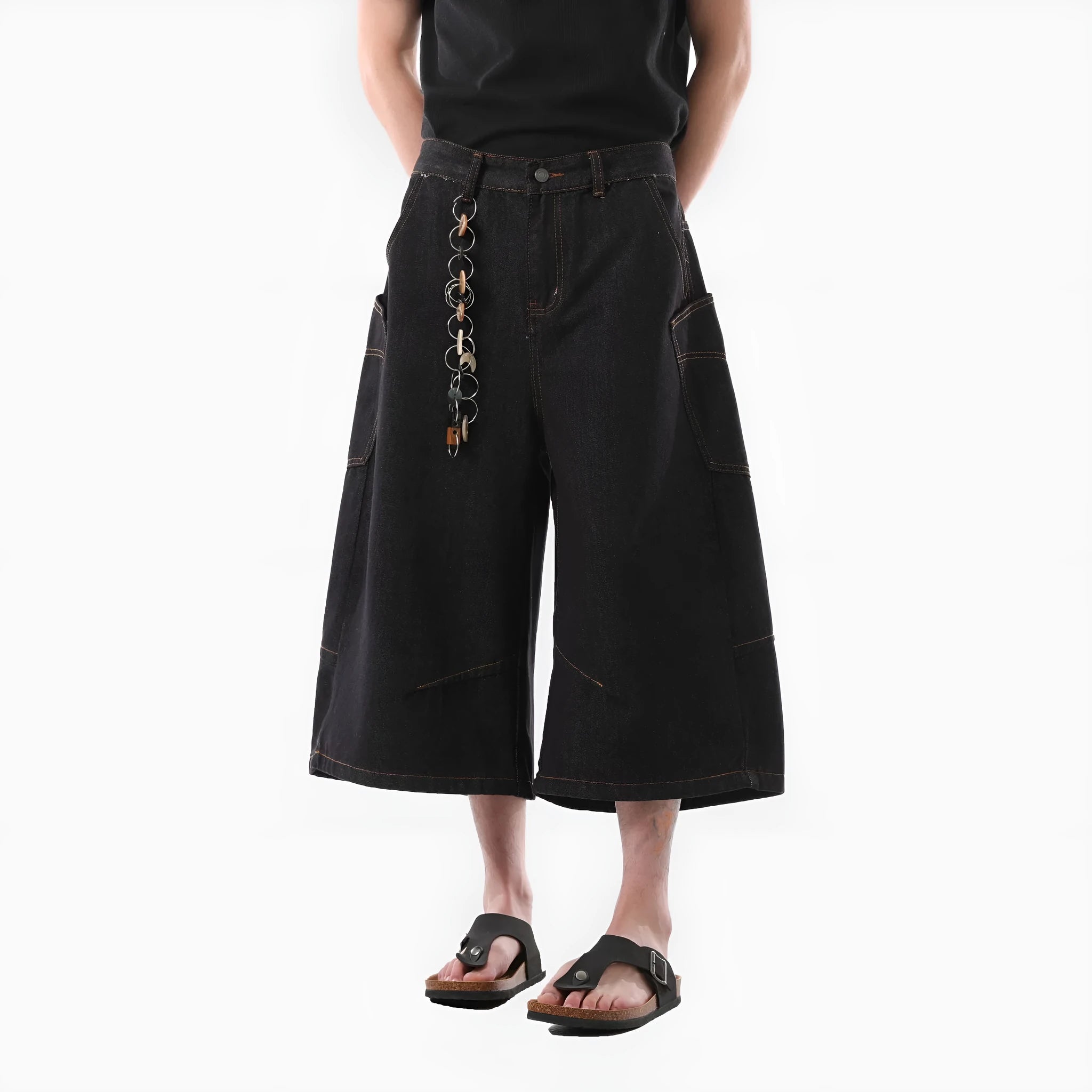 Men's retro washed black cotton denim cropped pants with straight leg and side pockets