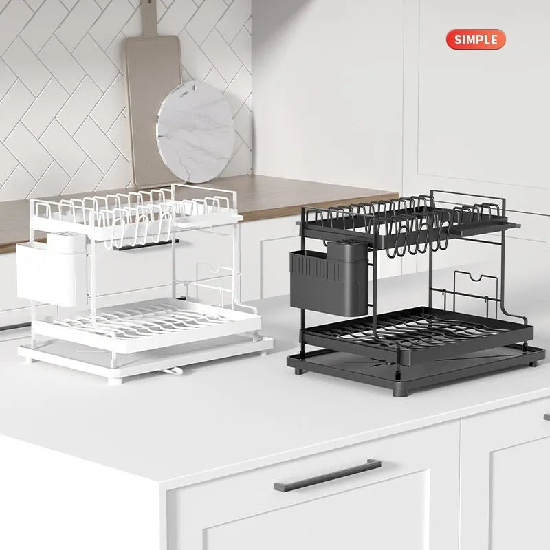Modern white double-layer kitchen draining and storage rack made from carbon steel.