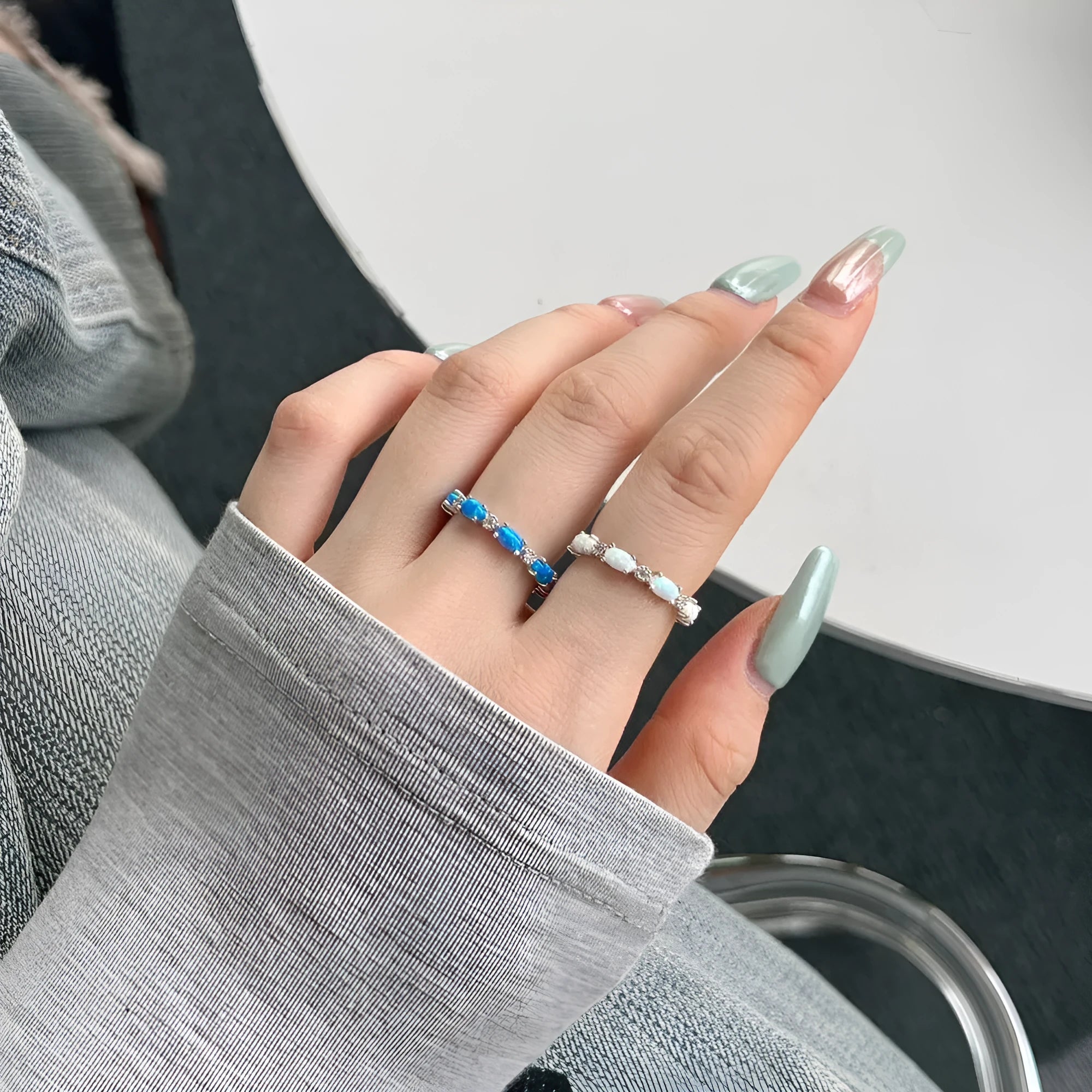 S925 sterling silver opal ring for women, U-shaped setting, opal white colour, electroplated finish, size 7