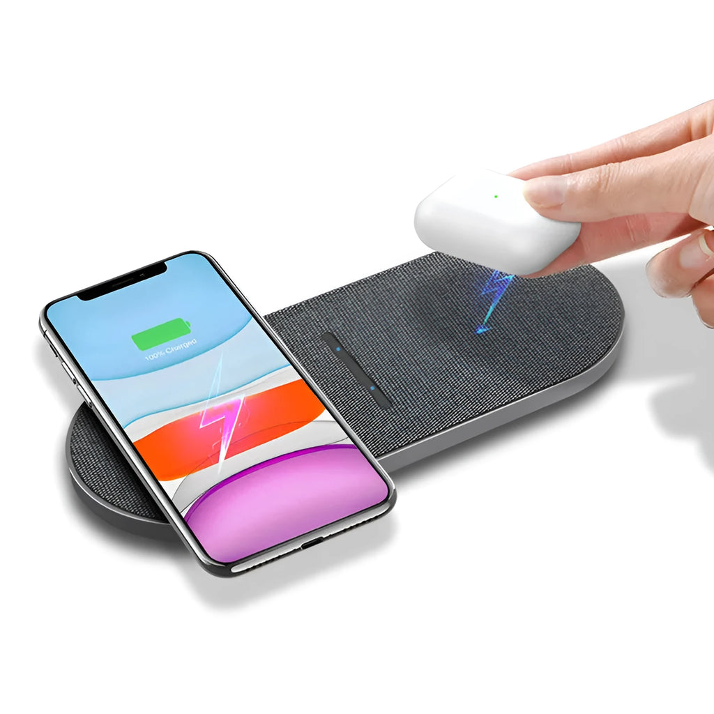 Pair of black 10W wireless charging pads with LED indicators and Type-C ports