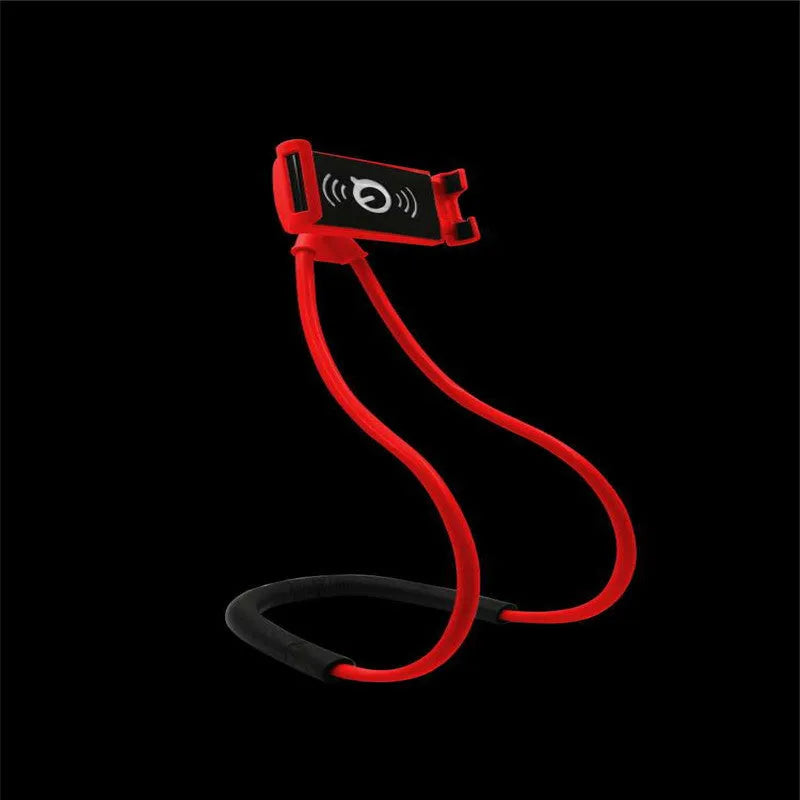 White universal neck phone holder with 360-degree rotating clamp holding a smartphone.