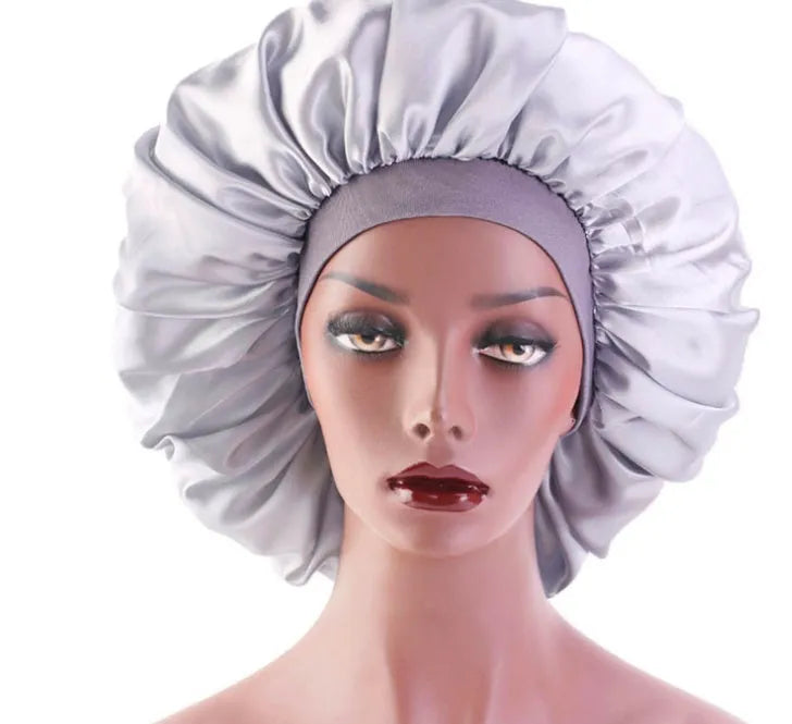 Beauty print satin silk sleep bonnet in polyester spandex, 14 styles A-N, shown in assorted colours.