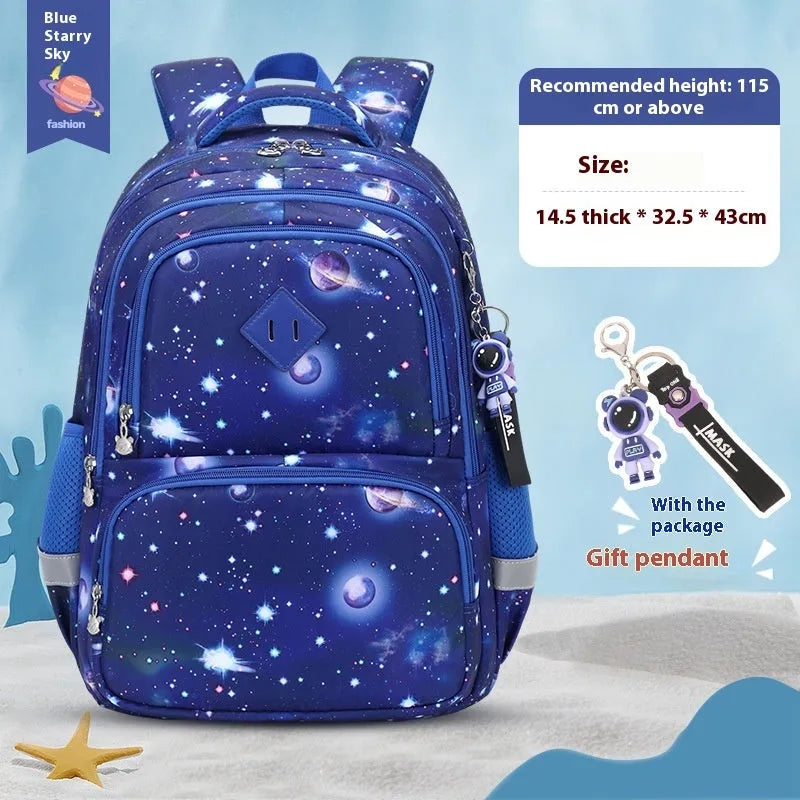 Children's waterproof school backpack in multiple colours including dinosaur and rainbow patterns
