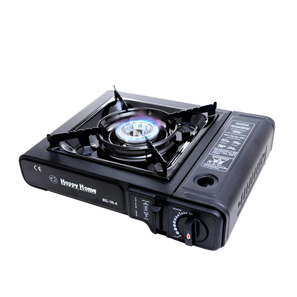 Black portable cassette stove with electronic ignition, 340x280x115mm, shown with black plastic box for camping and BBQ use