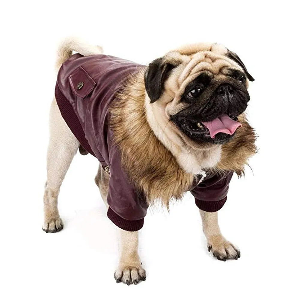 Dog fur collar PU leather coat in black with double pockets and faux fur collar