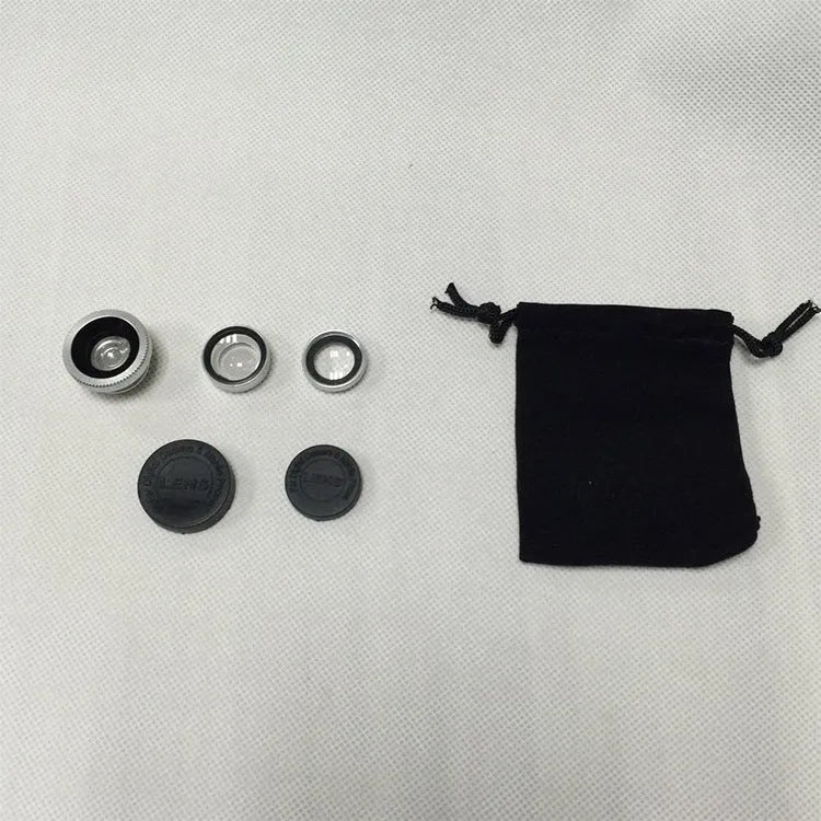 Mobile phone fisheye lens three-in-one kit with wide-angle and macro attachments in multiple colour options