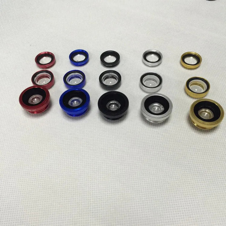 Mobile phone fisheye lens three-in-one kit with wide-angle and macro attachments in multiple colour options