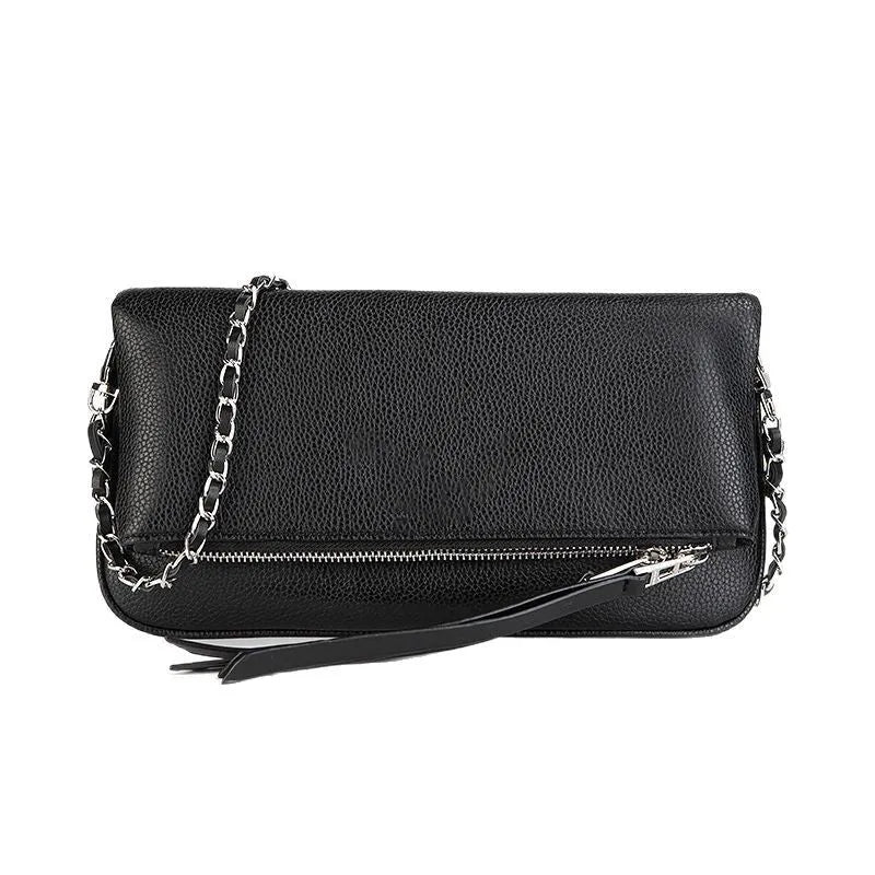 Women's foldable chain messenger clutch bag in black with cross-body shoulder straps and sandwich zipper compartment
