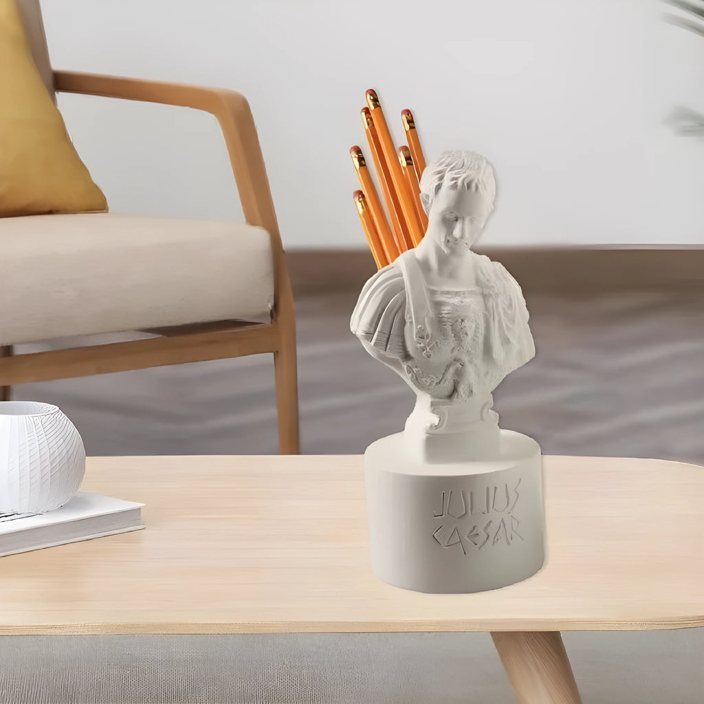 White synthetic resin pen holder with American creative character design for desk organisation.