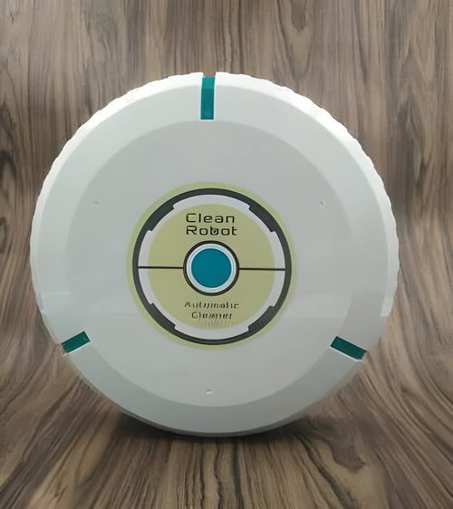 Black and white compact AC automatic sweeping robot vacuum cleaner on a wooden floor.